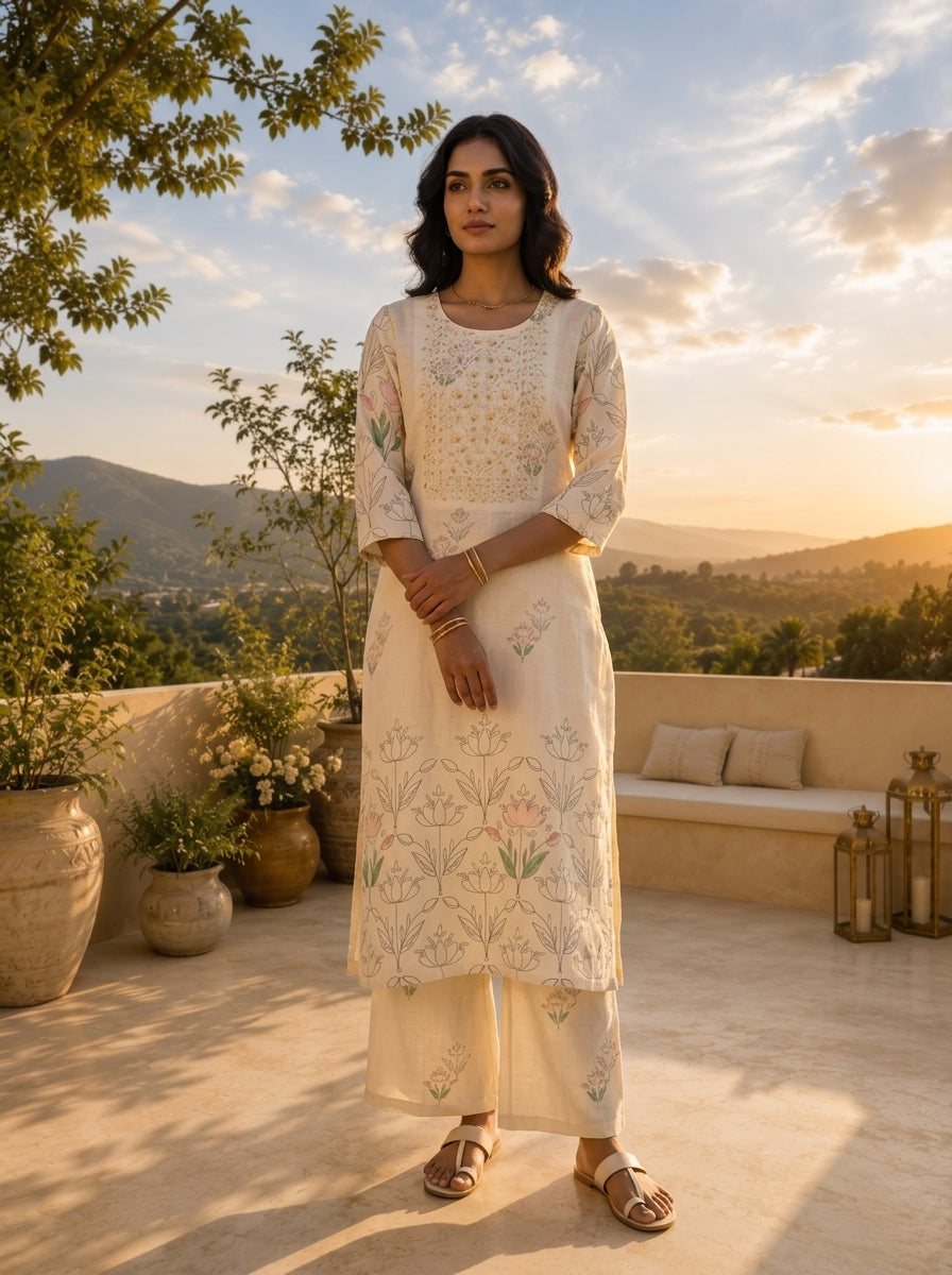 Cream Linen Art Floral Printed Two Piece Set