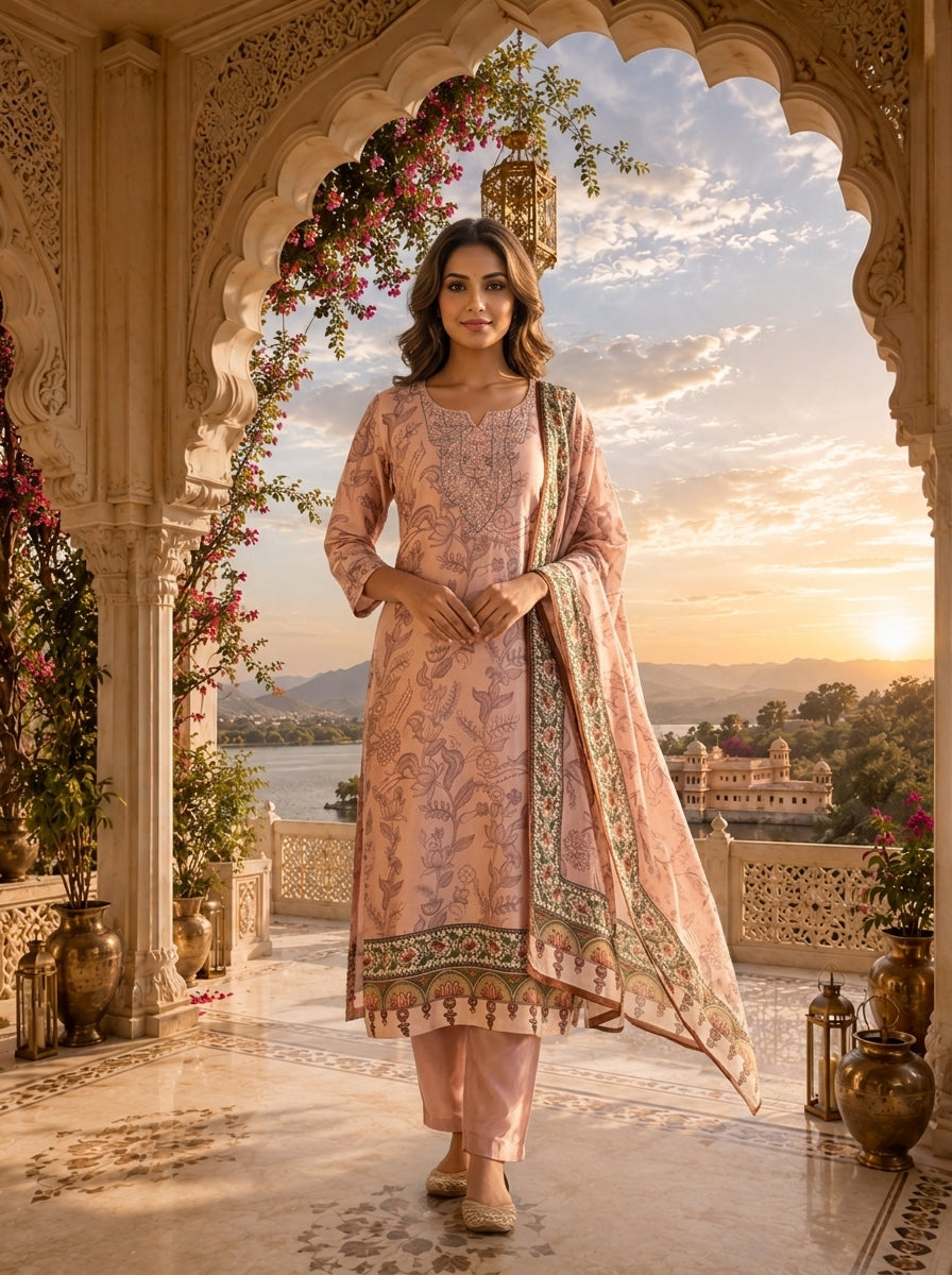 Peach Linen Tonal Floral Printed Three Piece Set