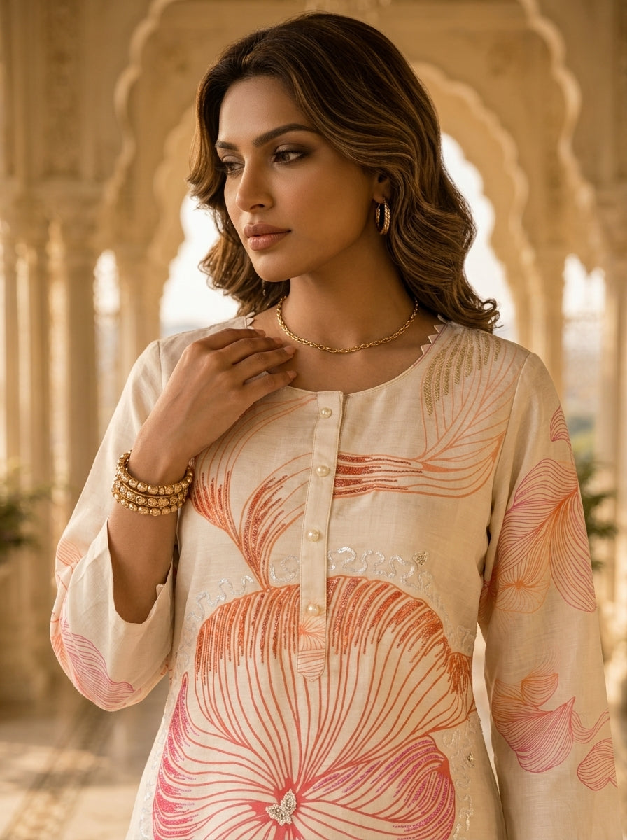 Off White And Orange Rayon Floral Printed Three Piece Set