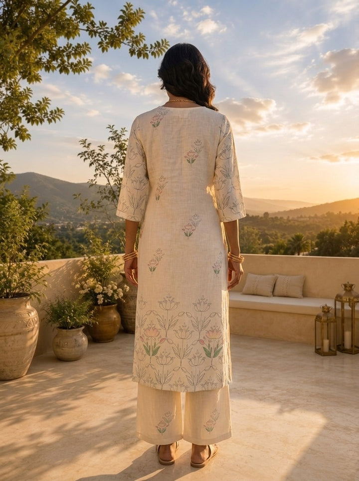 Cream Linen Art Floral Printed Two Piece Set