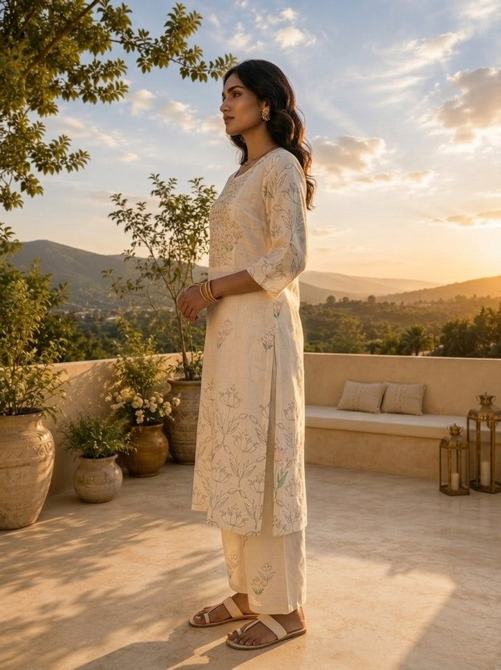 Cream Linen Art Floral Printed Two Piece Set