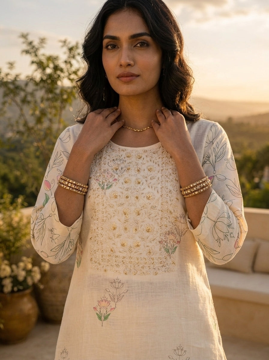 Cream Linen Art Floral Printed Two Piece Set
