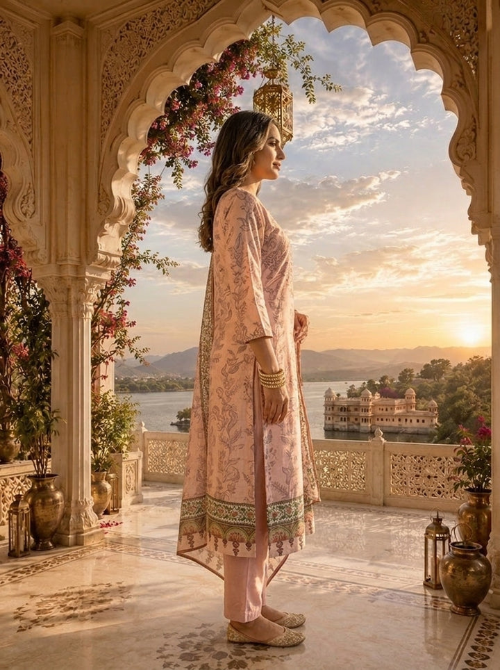 Peach Linen Tonal Floral Printed Three Piece Set