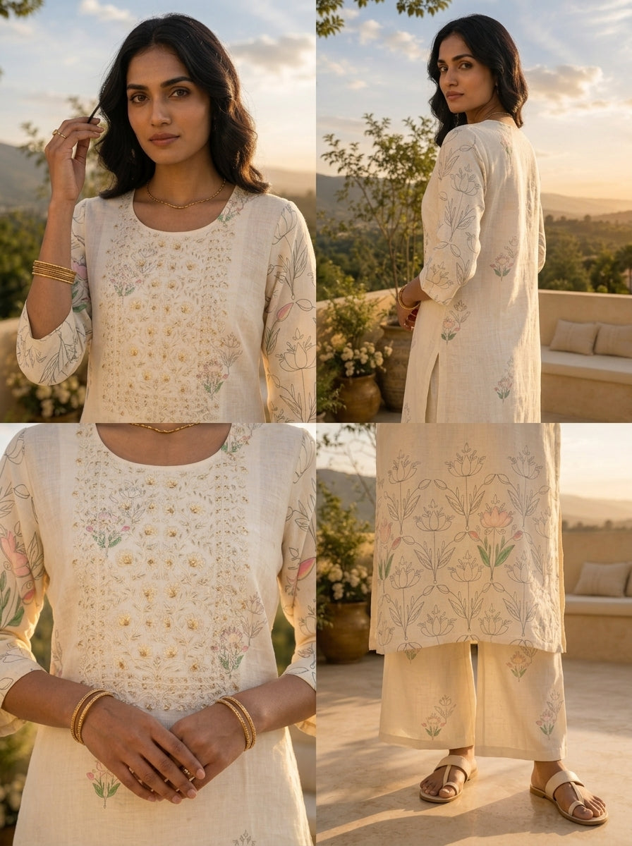 Cream Linen Art Floral Printed Two Piece Set