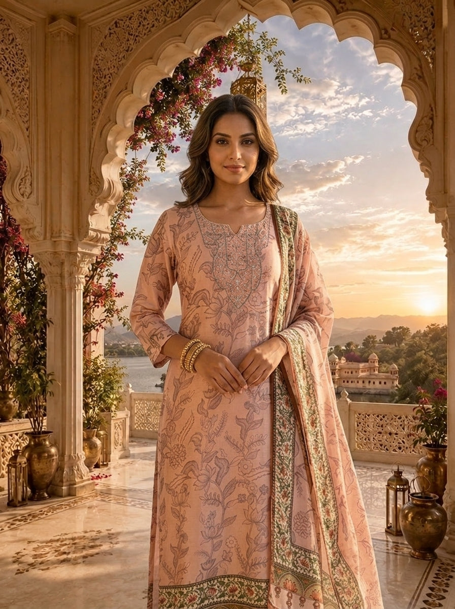 Peach Linen Tonal Floral Printed Three Piece Set