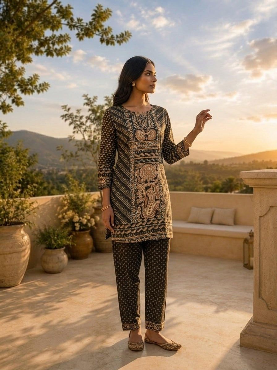Black Silk Geometric Printed Two Piece Set