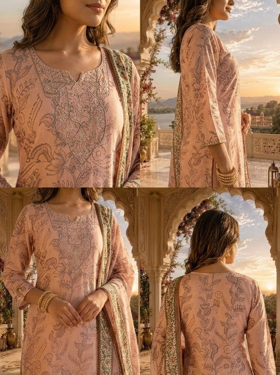 Peach Linen Tonal Floral Printed Three Piece Set
