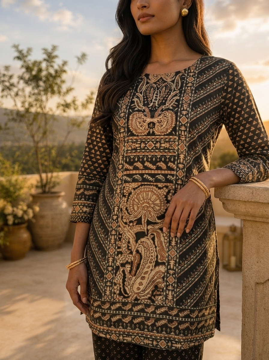 Black Silk Geometric Printed Two Piece Set