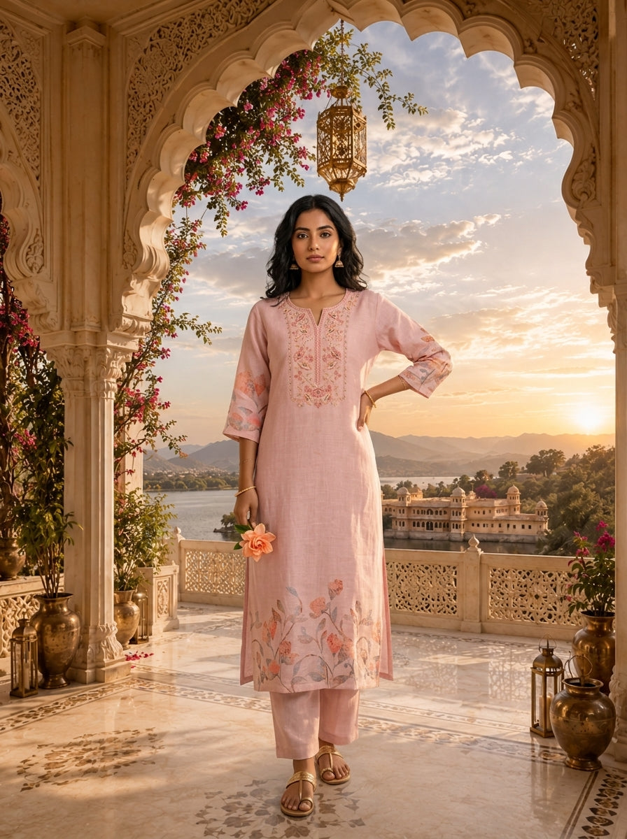 Pastel Pink Linen Floral Printed Two Piece Set