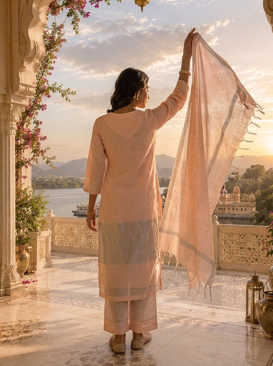 Baby Pink Linen Elegant Solid Design Three Piece Set