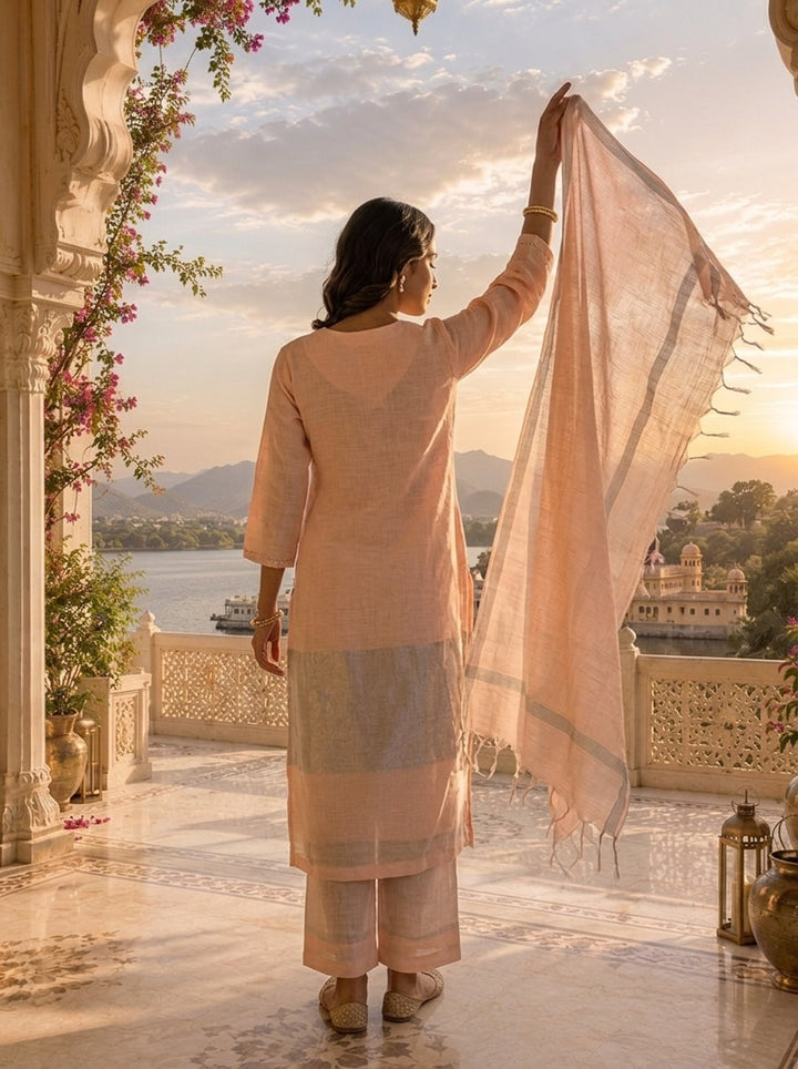 Baby Pink Linen Elegant Solid Design Three Piece Set