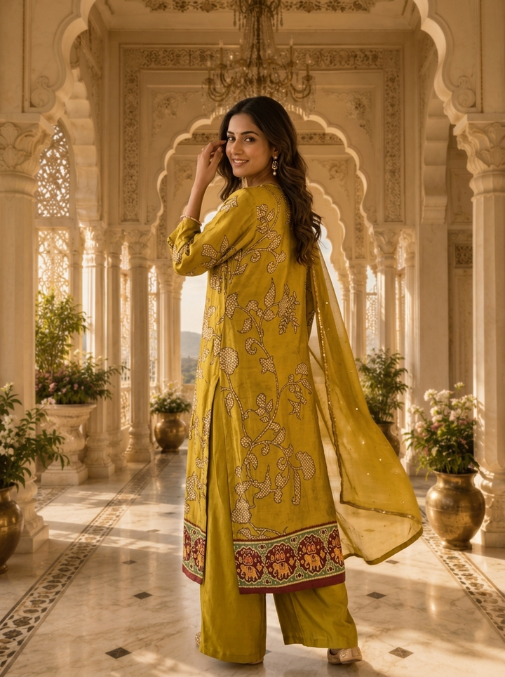 Mehadi Green Linen Floral HandPrinted Two Piece Set