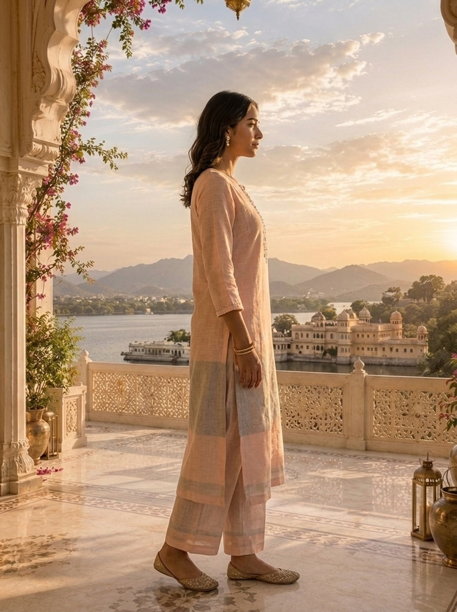 Baby Pink Linen Elegant Solid Design Three Piece Set