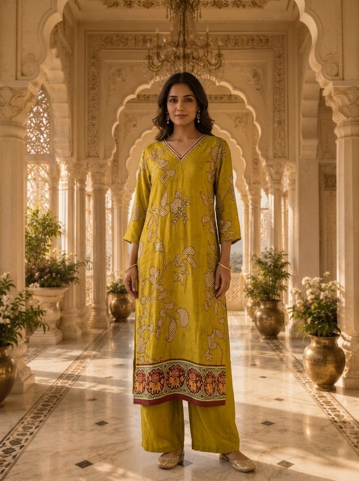 Mehadi Green Linen Floral HandPrinted Two Piece Set