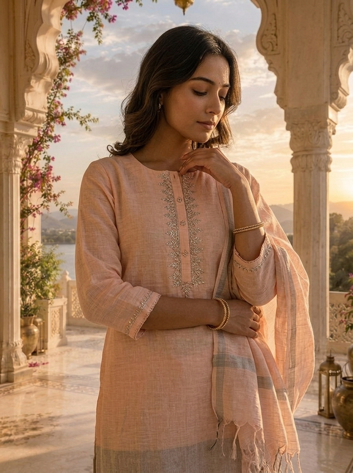 Baby Pink Linen Elegant Solid Design Three Piece Set