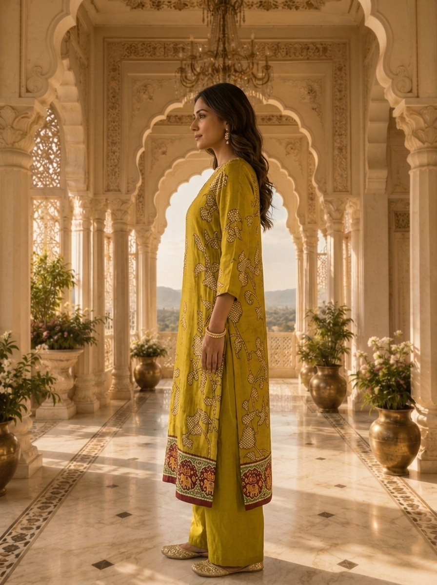Mehadi Green Linen Floral HandPrinted Two Piece Set