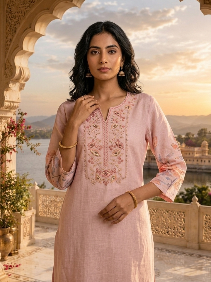 Pastel Pink Linen Floral Printed Two Piece Set