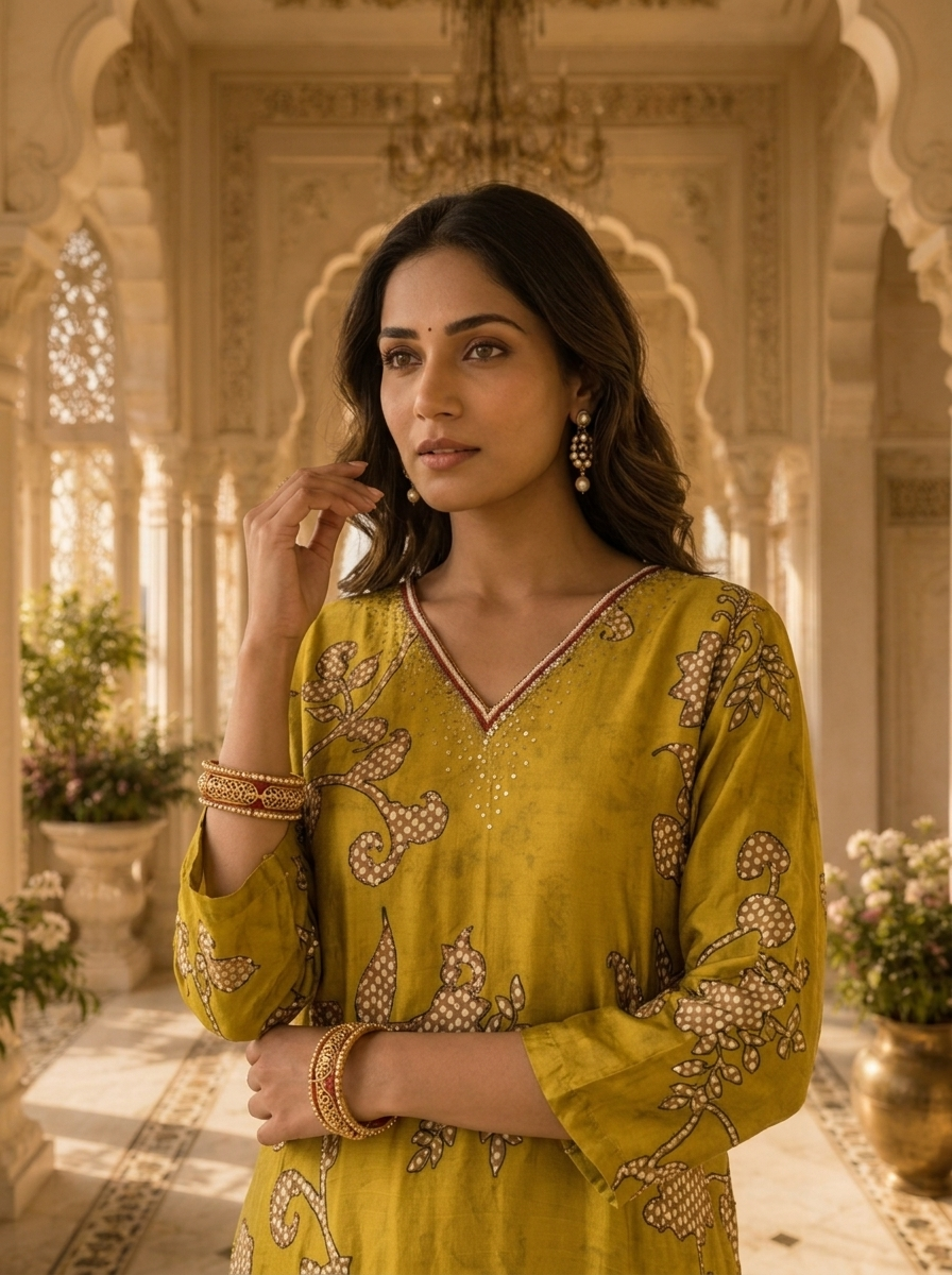 Mehadi Green Linen Floral HandPrinted Two Piece Set
