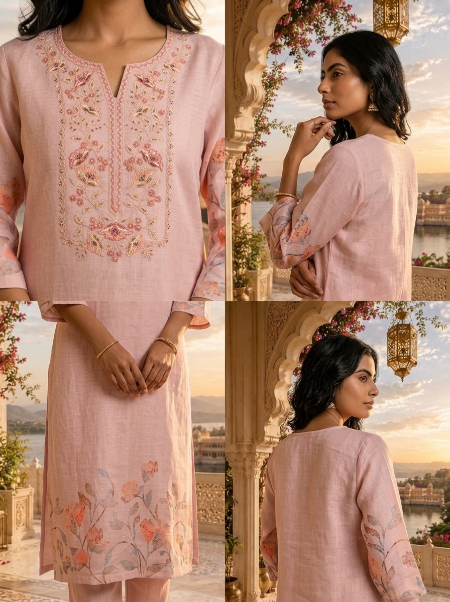 Pastel Pink Linen Floral Printed Two Piece Set