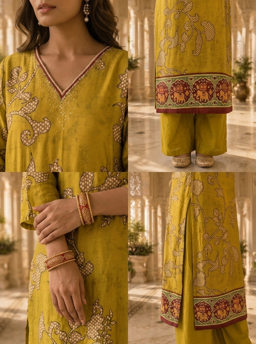 Mehadi Green Linen Floral HandPrinted Two Piece Set