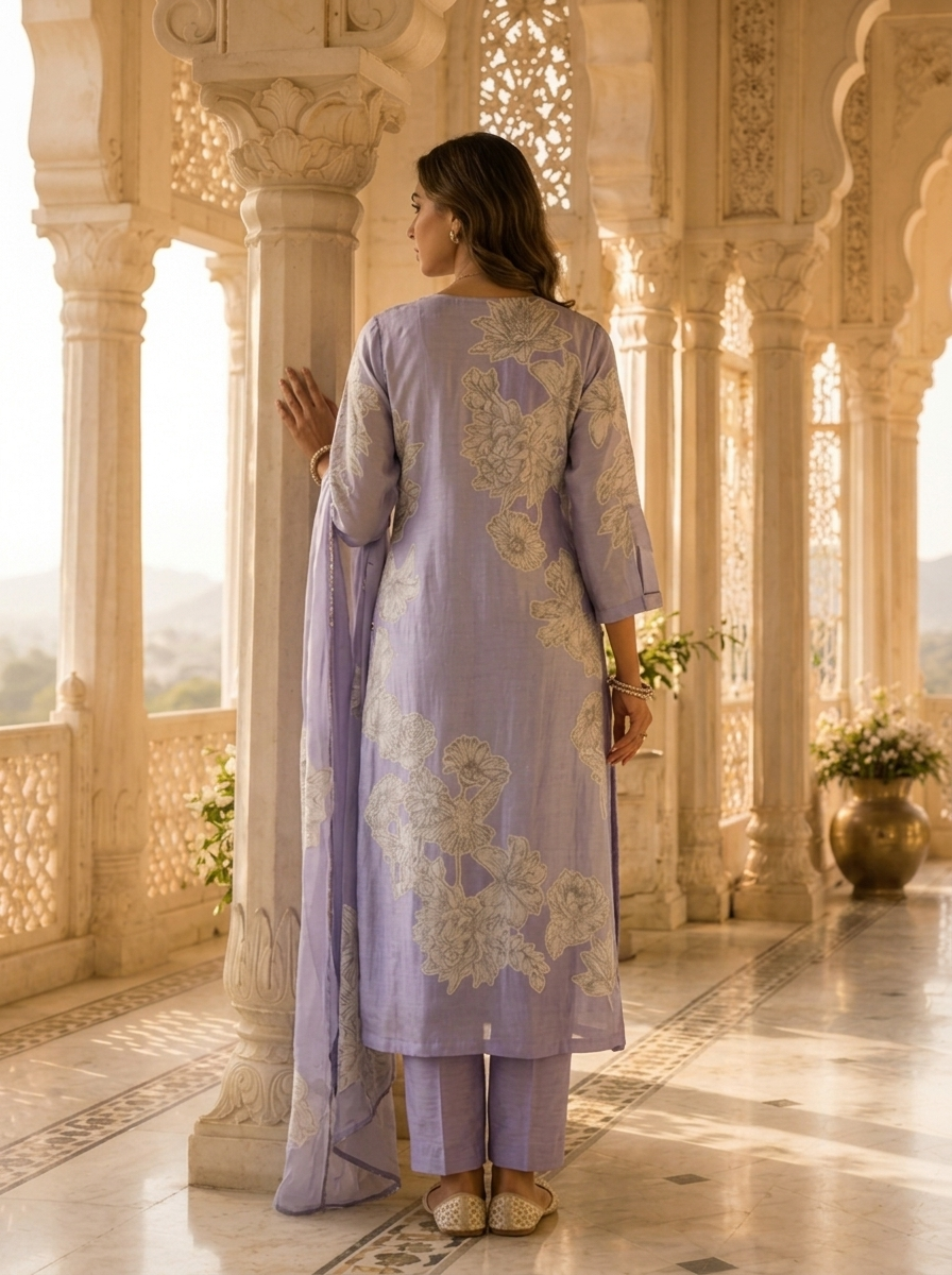 Lavender Muslin Floral Printed Three Piece Set
