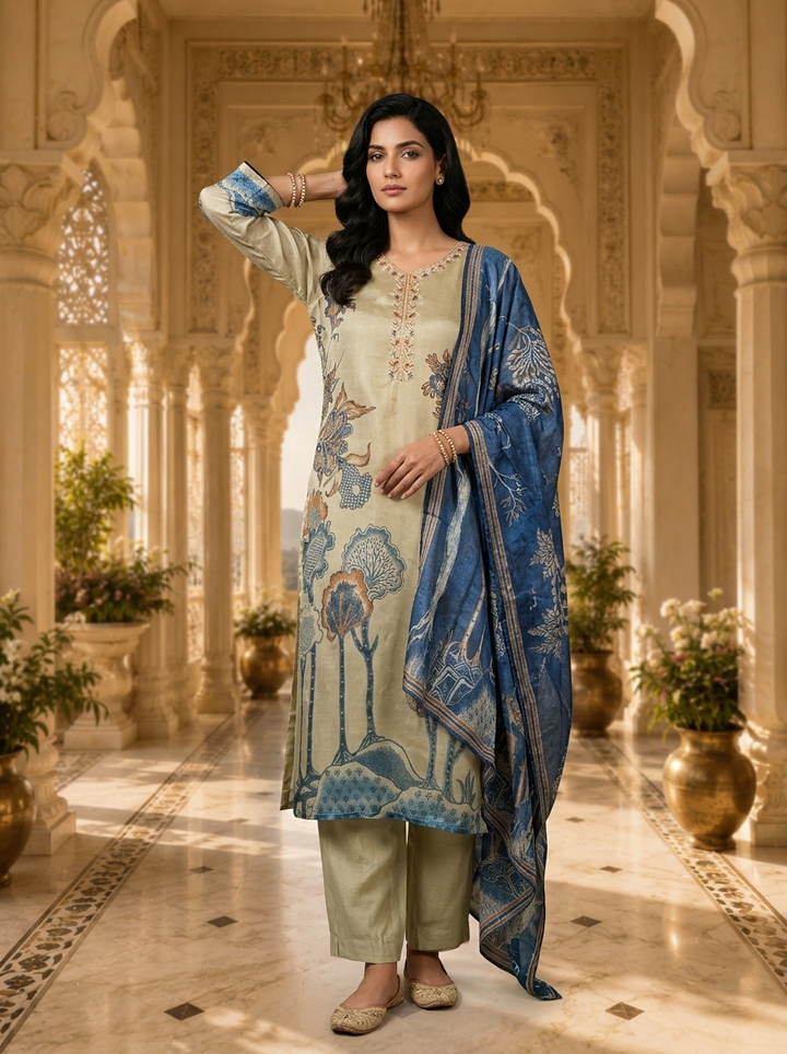 Tussar Crepe Floral Printed Three Piece Set