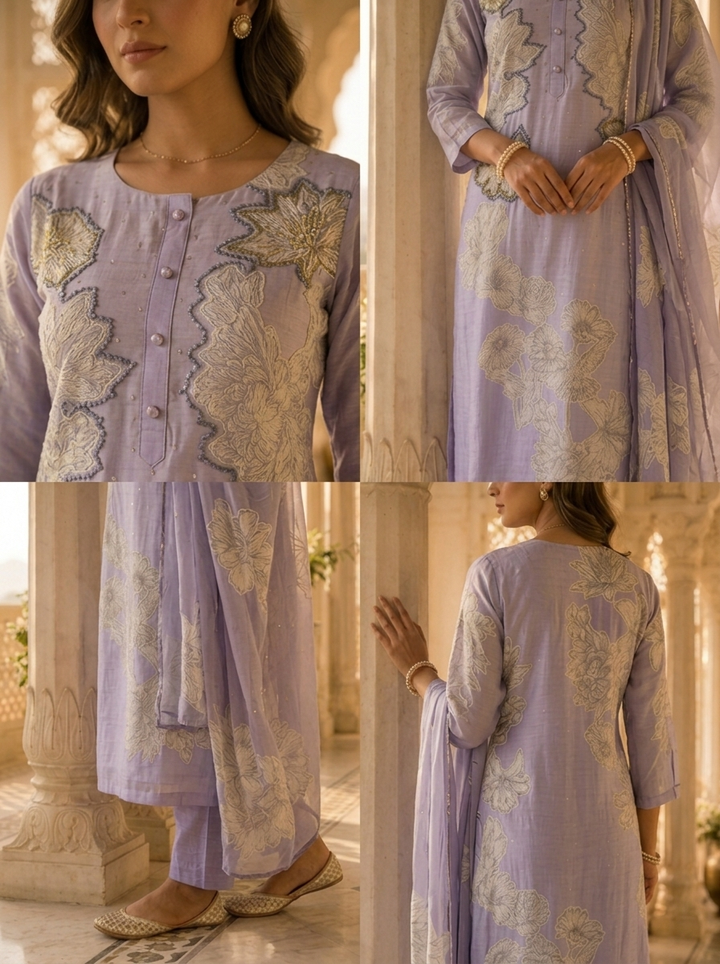 Lavender Muslin Floral Printed Three Piece Set