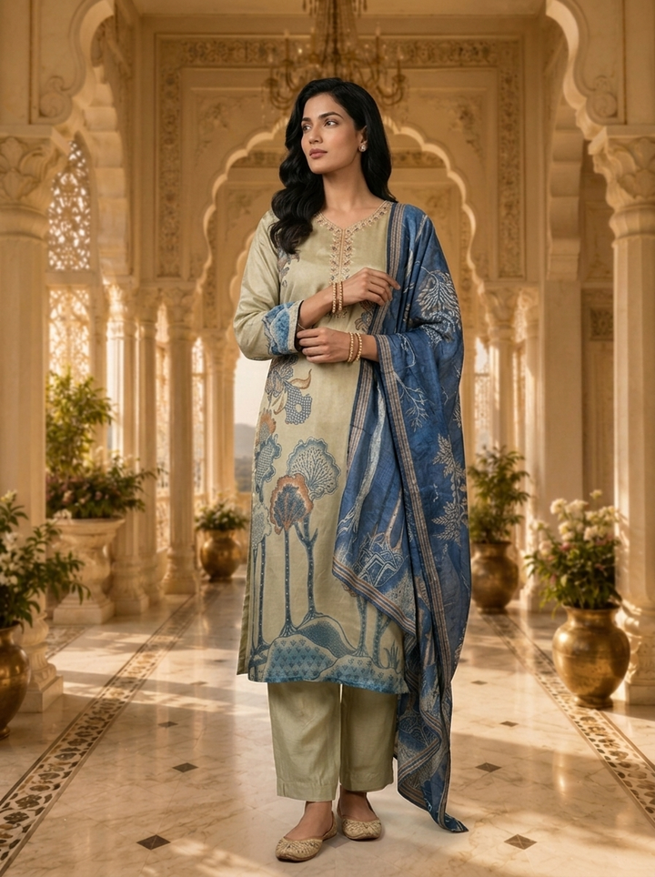 Tussar Crepe Floral Printed Three Piece Set