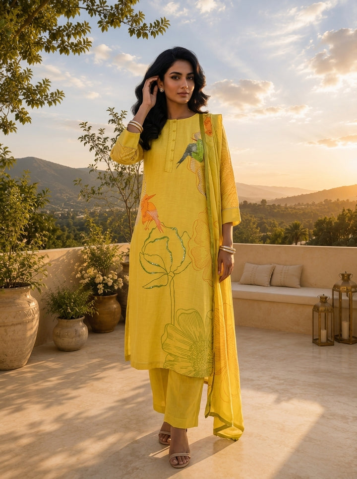 Lime Green Silk Three Piece Set With Printed Motif