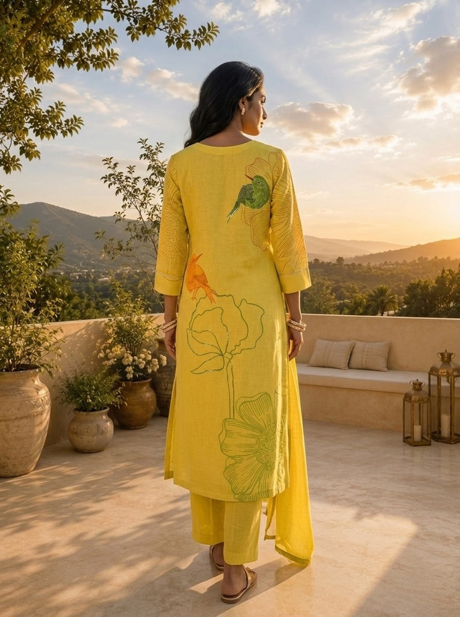 Lime Green Silk Three Piece Set With Printed Motif