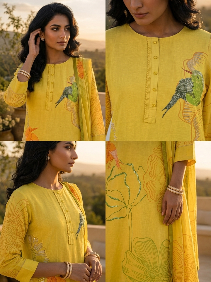 Lime Green Silk Three Piece Set With Printed Motif