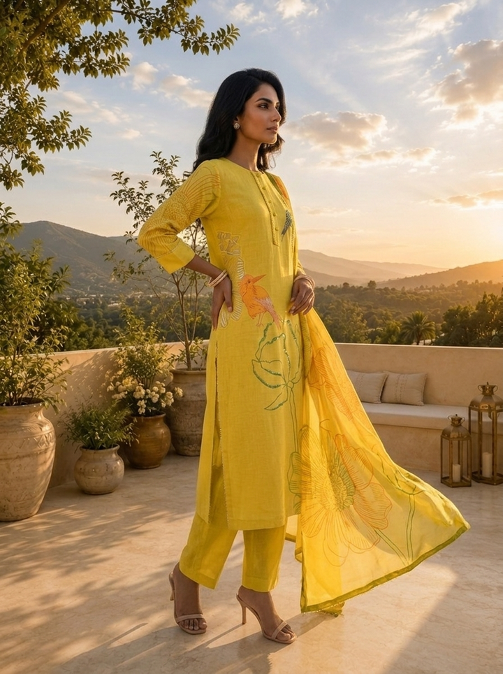 Lime Green Silk Three Piece Set With Printed Motif