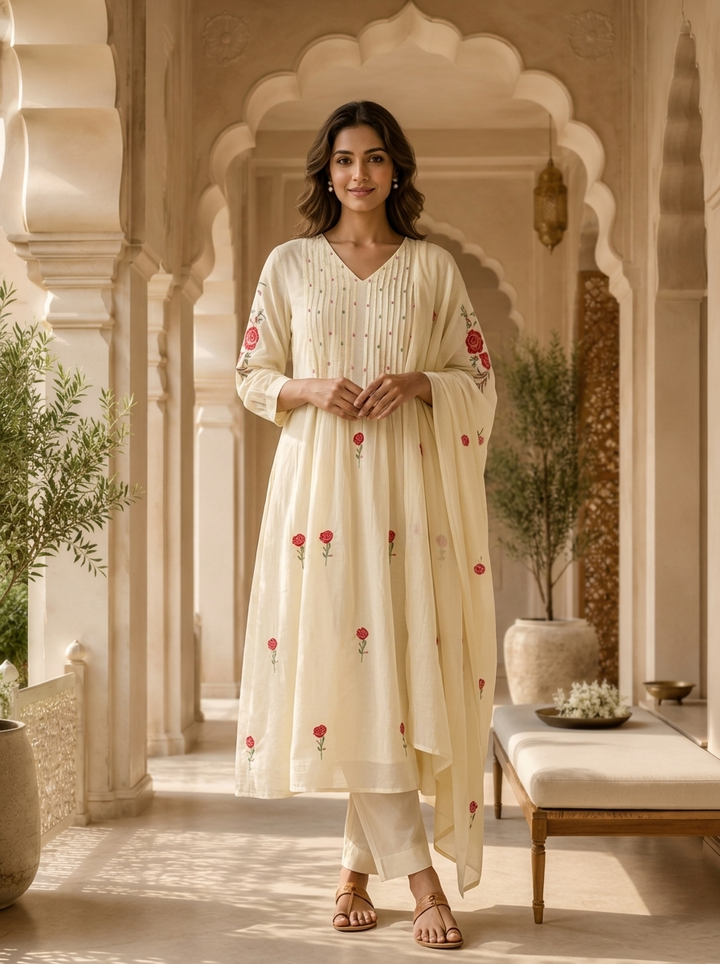 Cream Cotton Pleated Design And Floral Thread Embroidery Three Piece Set