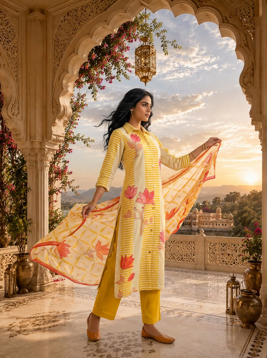 Cream And Mustard Linen Striped Floral Printed Three Piece Set