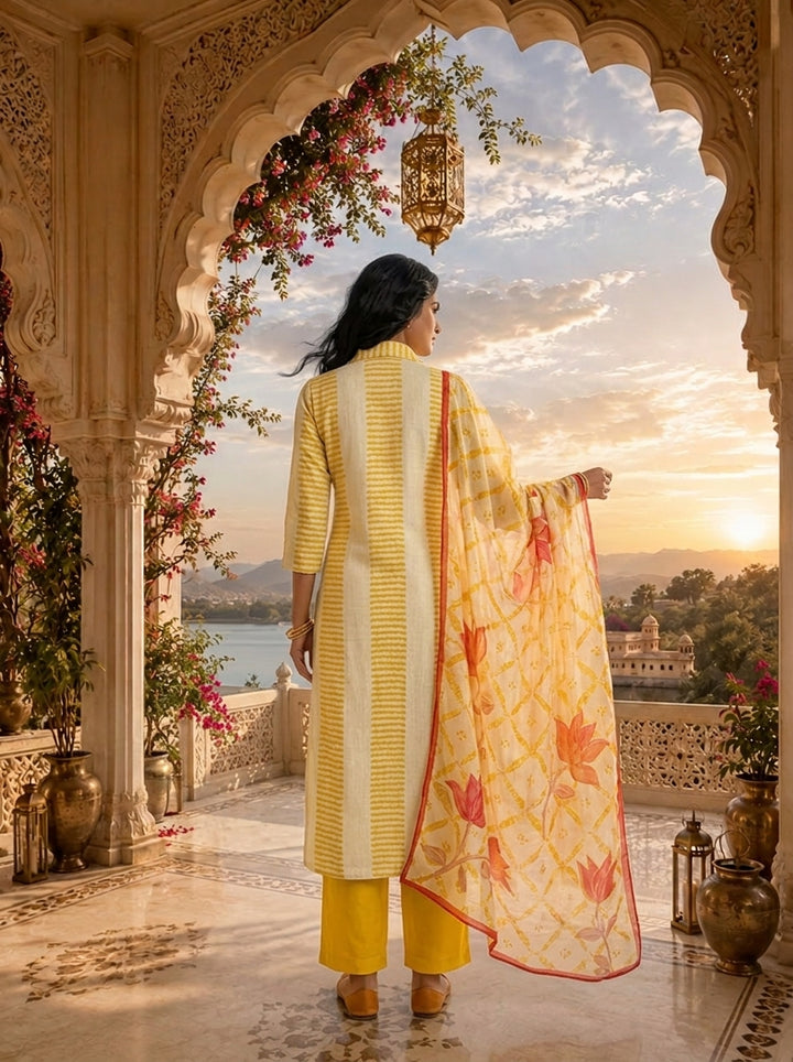 Cream And Mustard Linen Striped Floral Printed Three Piece Set
