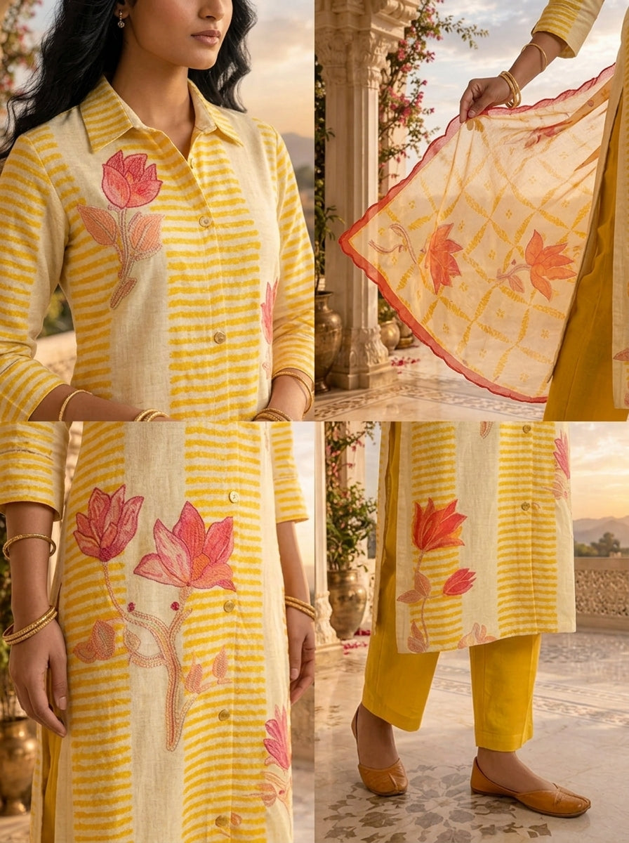Cream And Mustard Linen Striped Floral Printed Three Piece Set