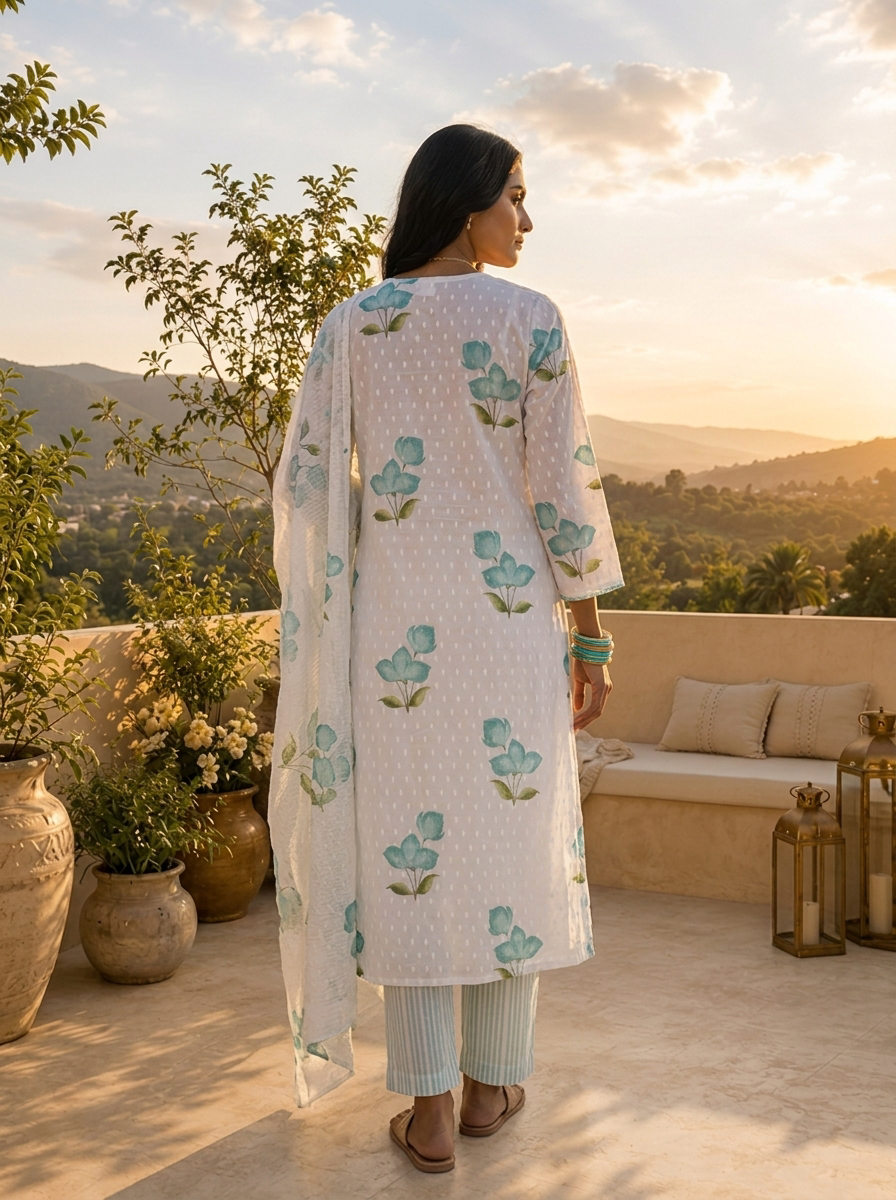 Sea Green Cotton Floral Printed Three Piece Set