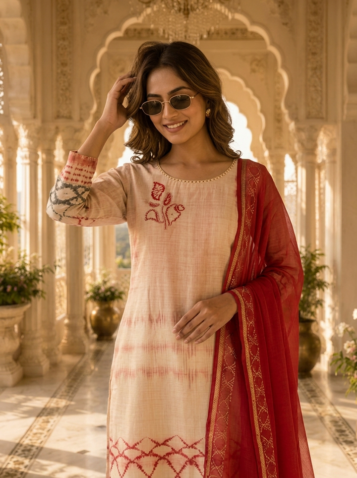 Pink Rayon Coral Lattice Printed Three Piece Set