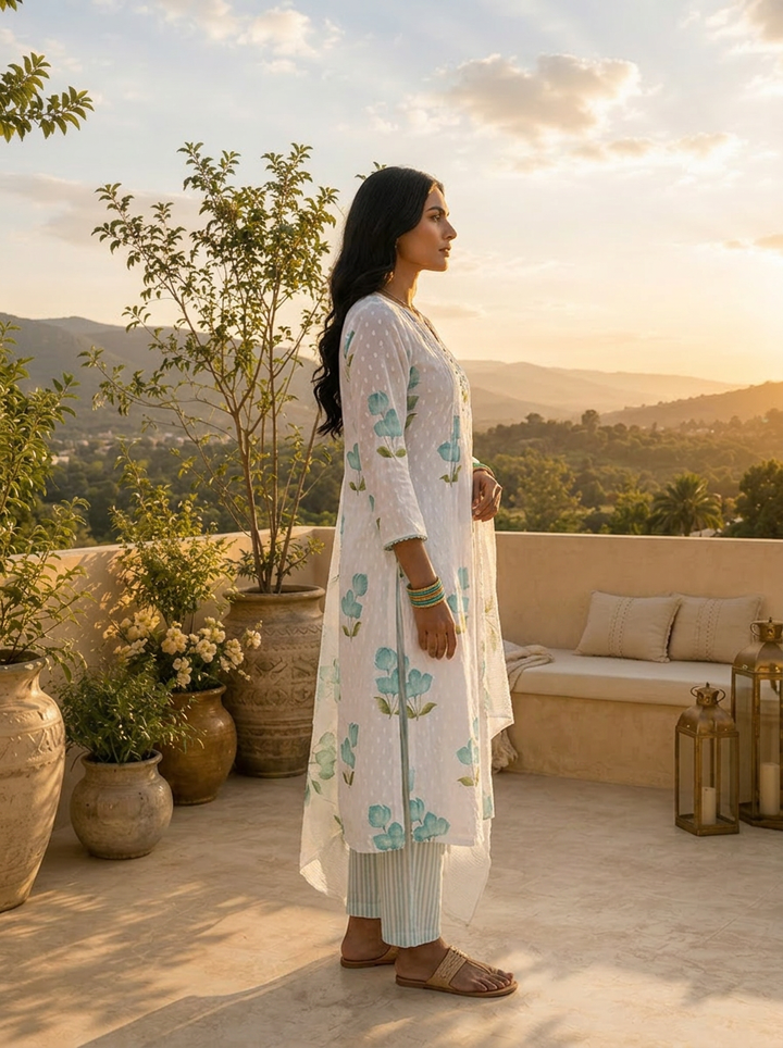 Sea Green Cotton Floral Printed Three Piece Set