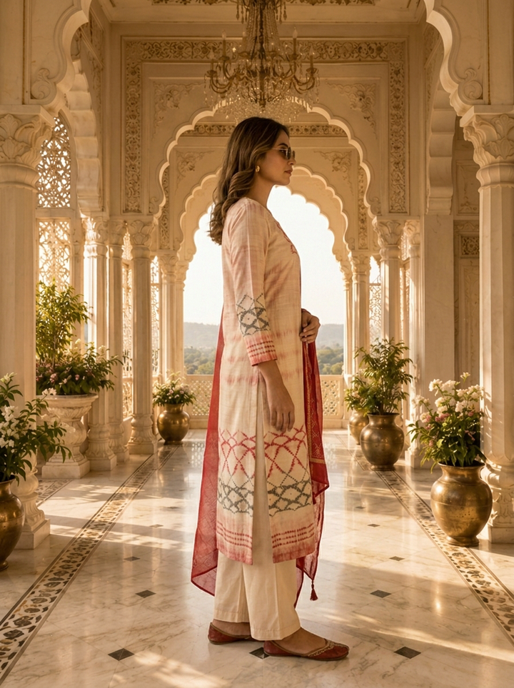 Pink Rayon Coral Lattice Printed Three Piece Set