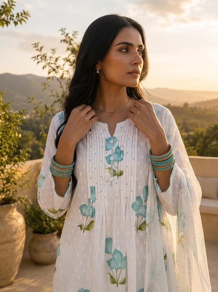 Sea Green Cotton Floral Printed Three Piece Set