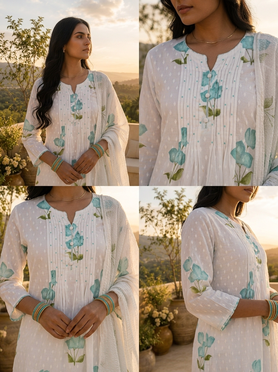 Sea Green Cotton Floral Printed Three Piece Set