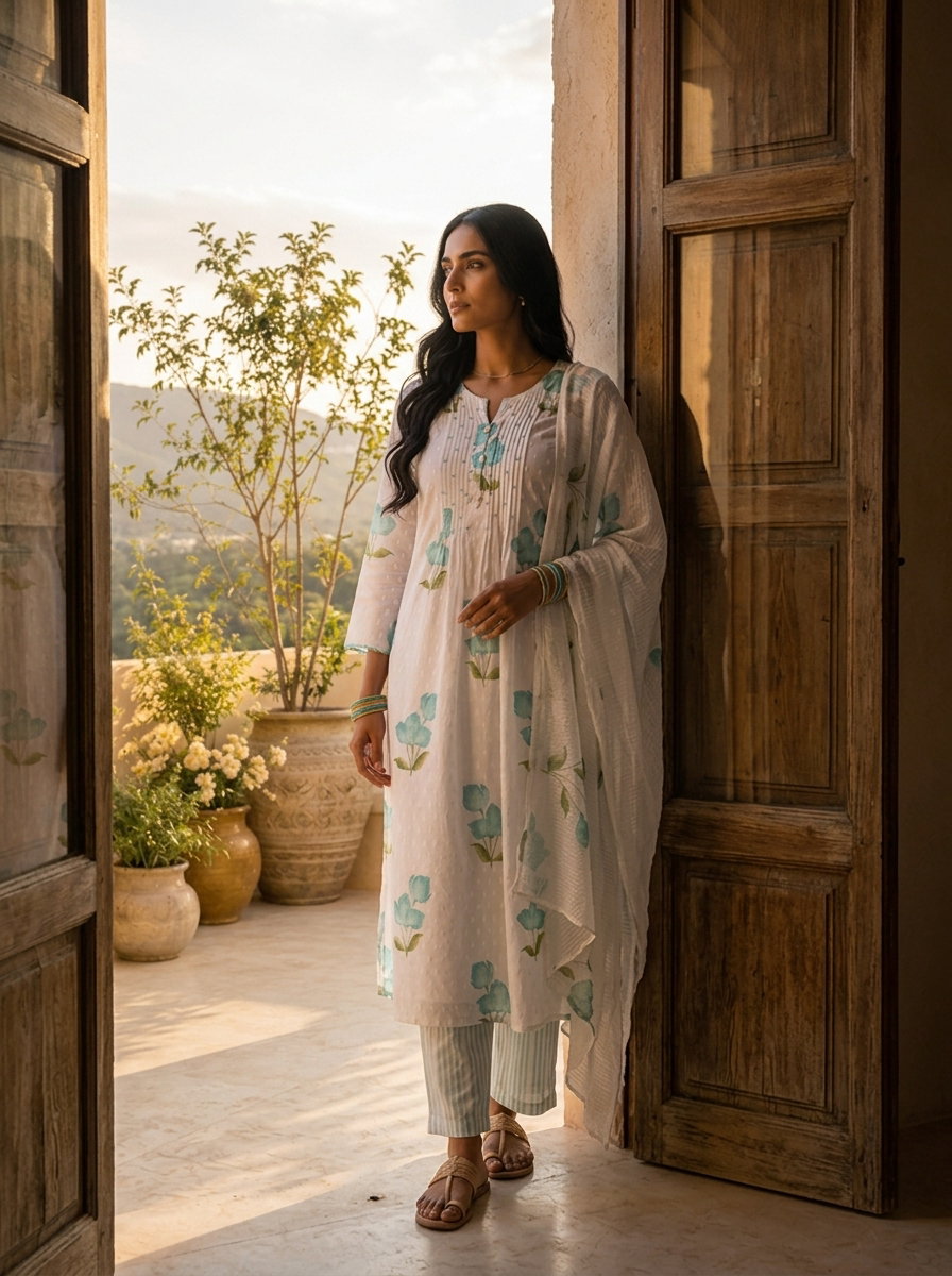 Sea Green Cotton Floral Printed Three Piece Set