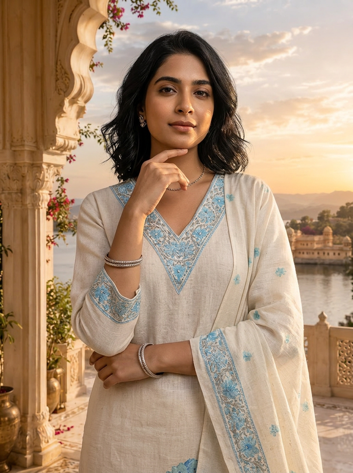 Blue Linen Floral Printed Three Piece Set
