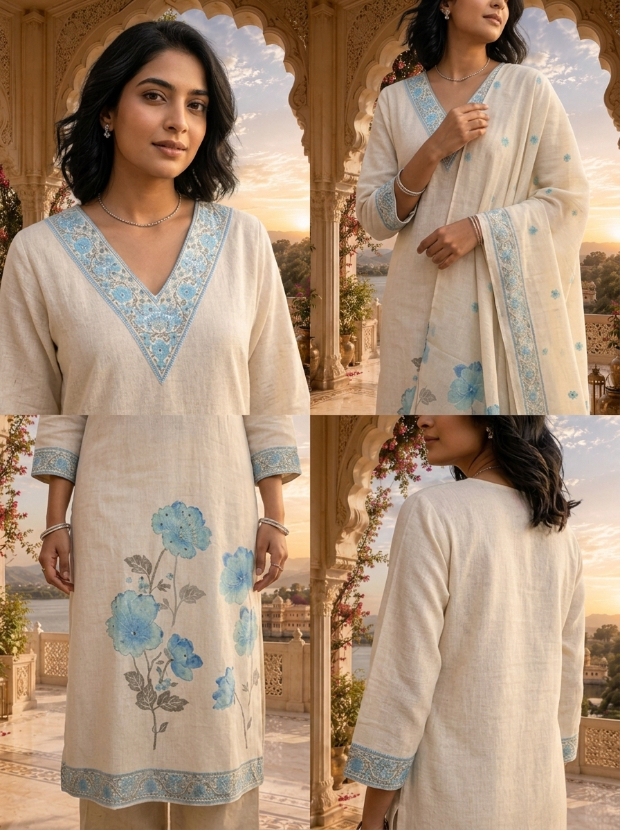 Blue Linen Floral Printed Three Piece Set