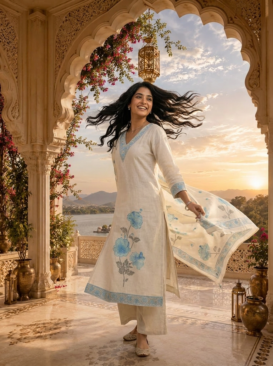Blue Linen Floral Printed Three Piece Set