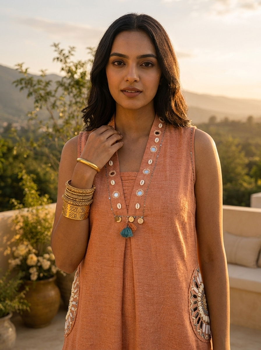 Peach Cotton Mirror Embroidery Two Piece Set