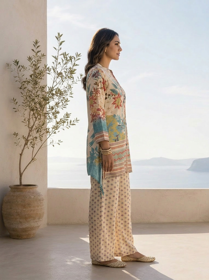 Cream Muslin Heavy Floral Printed Two Piece Set