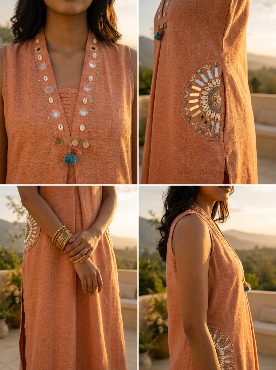 Peach Cotton Mirror Embroidery Two Piece Set