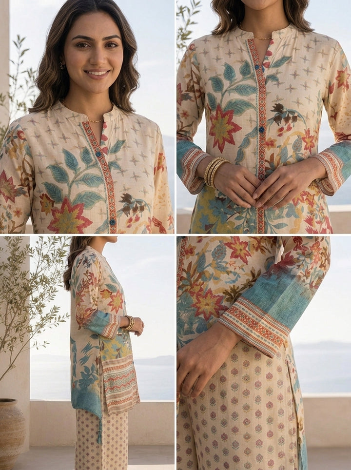 Cream Muslin Heavy Floral Printed Two Piece Set